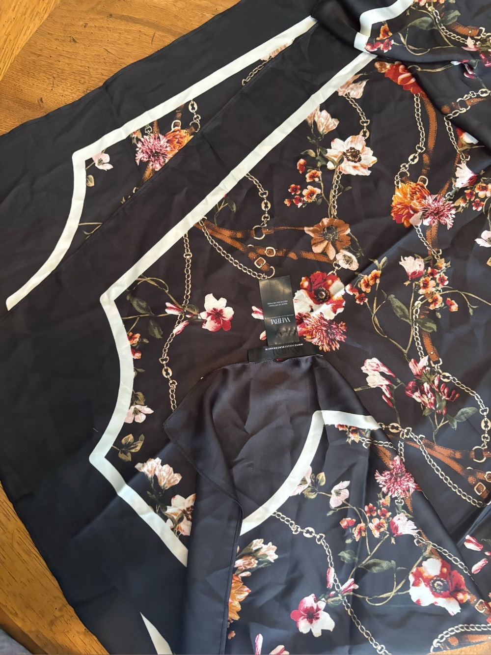 White House Black Market Silky Floral & Chain Print Scarf — Black/Multi